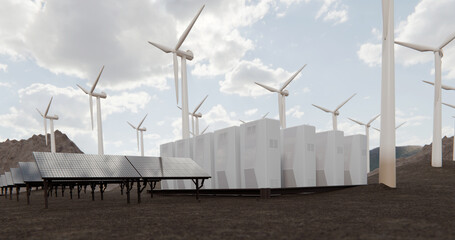 Concept energetic technology. Dawn of new renewable energy technologies. Modern, aesthetic, and efficient dark solar panel panels, a modular battery energy storage system in warm light. 3D rendering