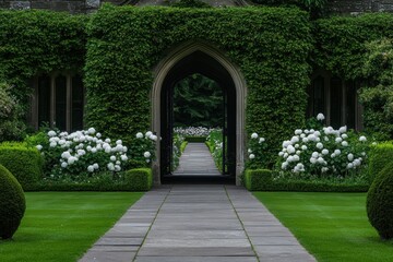 Fototapeta premium A classic English garden with ivy adorning an arched doorway