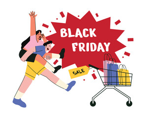 Black Friday Concept Illustration. Man Carrying a Woman Celebrating Black Friday Sale.