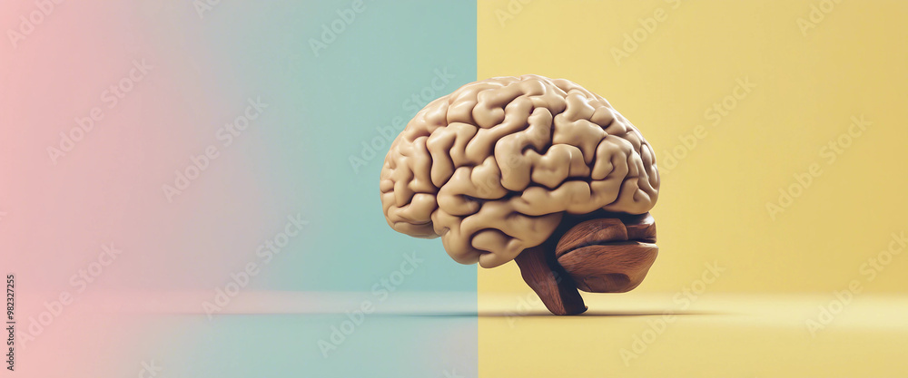 Poster creative image of a brain in the form of a walnut in a surreal modern pop art style minimalism paste