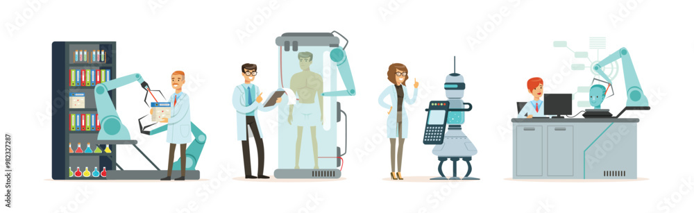 Poster artificial intelligence with man and woman scientists in laboratory working on innovations vector se