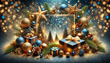 Gift boxes and stars in navy blue and yellow gilding, New Year's themed celebration card