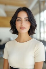 professional woman with short, wavy dark hair, wearing a sleek cream-colored fitted top tucked into a black leather skirt, set against modern open office background