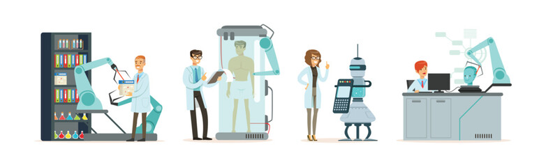 Artificial Intelligence with Man and Woman Scientists in Laboratory Working on Innovations Vector Set