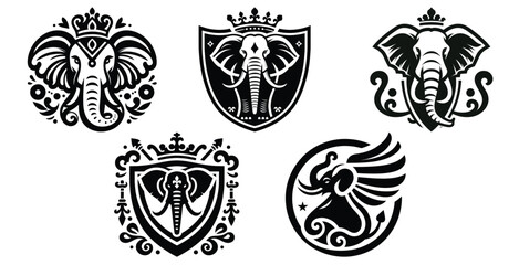 Obraz premium Royal elephant crest icons in black and white, vector illustration, logo design and branding