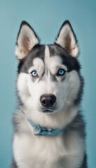 Obraz premium Cute blue eyed husky dog was washed with shampoo and foam on its head having a happy expression and