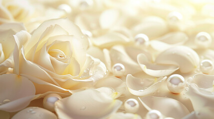 Obraz premium Creamy delicate roses and petals, pearls in soft lighting, elegant romantic composition