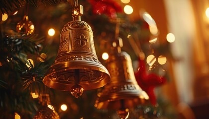 Close-up of ornate golden Christmas bells hanging on a decorated tree, surrounded by twinkling lights in warm tones.