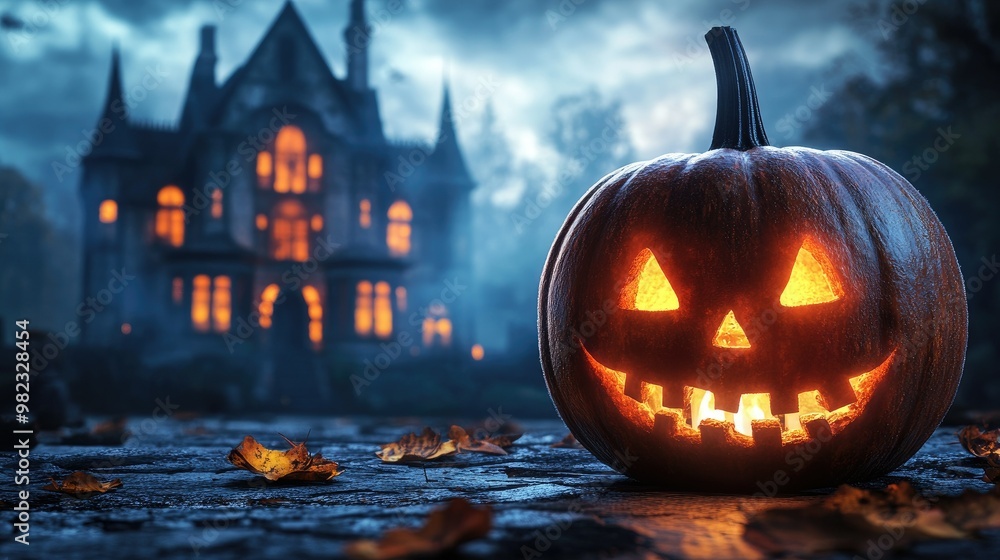 Wall mural halloween pumpkin with candlelight in front of a haunted house background,