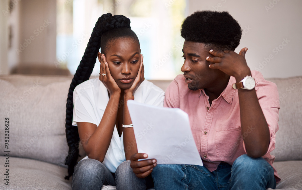 Poster Home, black couple and stress with discussion for document, financial bills and bank mortgage loan. Frustrated people, woman and man with paperwork for budget, balance crisis and expenses on sofa