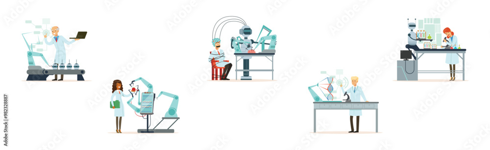 Aufkleber artificial intelligence with man and woman scientists in laboratory working on innovations vector se