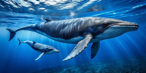 "Adorable blue whale calf swimming alongside its massive mother in the open ocean, its small fins and blowhole visible amidst the gentle waves"