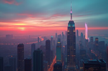 Obraz premium City of the Future. A futuristic city with tall skyscrapers shimmering with all the colors of the rainbow, the numbers 2025 glowing in the sky
