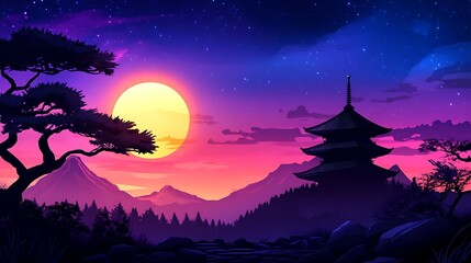 Serene Sunset over Japanese Landscape Illustration