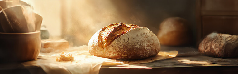 Freshly baked bread on a rustic kitchen table.