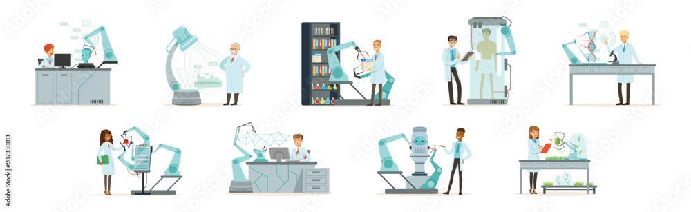 Aufkleber artificial intelligence with man and woman scientists in laboratory working on innovations vector se