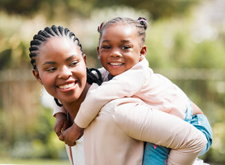 Black woman, piggy back and girl child in portrait with care, connection or playful in garden with...