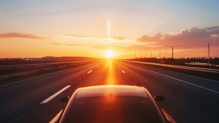 Obraz premium solo drive:Lone car driving on deserted highway at sunset, road stretching into horizon with golden light reflecting off hood, sharp silhouette against vibrant sky, emphasizing solitude and freedom.