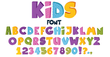 Cartoon 3d kids font. Colorful happy ABC with brightly colored letters for children zone. Vector illustration