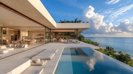 Fototapeta premium A beachfront cube home with an open glass facade, blending indoor and outdoor living