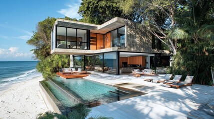 Fototapeta premium A beachfront cube home with an open glass facade, blending indoor and outdoor living