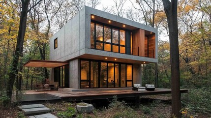 A cube home with a concrete facade and wooden overhangs for shaded outdoor areas