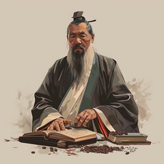 A wise scholar with a long beard, dressed in traditional attire, studies ancient texts surrounded by books and scrolls.