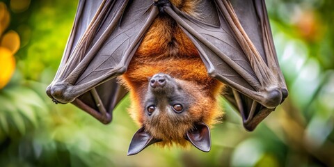 Obraz premium The sleeping bat hangs upside down, its wings folded tightly around its body, a dark silhouette against the