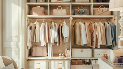 Luxurious Walk-In Closet with Elegant Clothing and Accessories in Neutral Tones