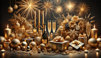 Luxurious and festive New Year scene featuring golden decorations, champagne glasses, and fireworks in the background. Perfect for holiday celebrations and greeting cards