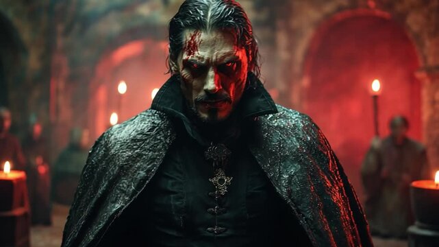 This character immersed in shadows, blood on face, wearing a dark cloak, with a haunting atmosphere.