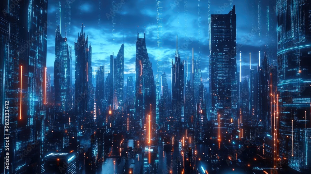 Poster futuristic cityscape with glowing skyscrapers and digital elements under a moody blue sky, showcasin