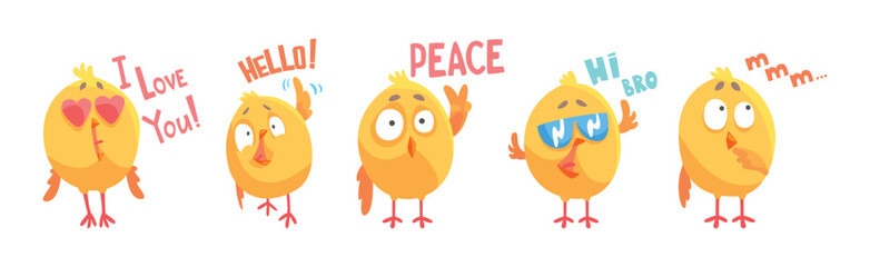 Baby Chick Say Word with Emotion and Inscription Vector Set