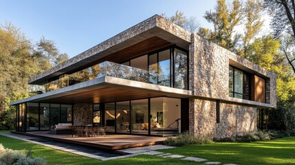A cube home with textured stone walls and a wraparound balcony on the upper level