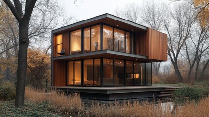 A cube home with wood paneling on the lower level and smooth metal on the upper floors