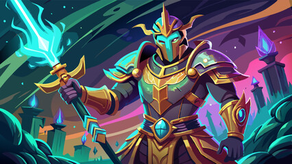 Obraz premium warrior in armor with a glowing sword raised