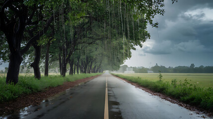 Fototapeta premium road in the forest covered with trees from one side.