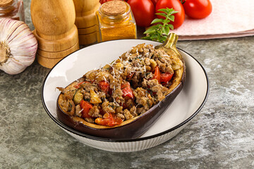 Baked eggplant stuffed meat and tomato