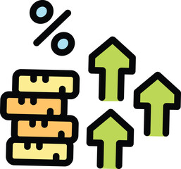 Stack of gold coins is being displayed with a percentage symbol and three upward arrows, representing growing profits