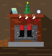 Santa Climbing Through Chimney and Fireplace. International winter holidays Christmas and New Year