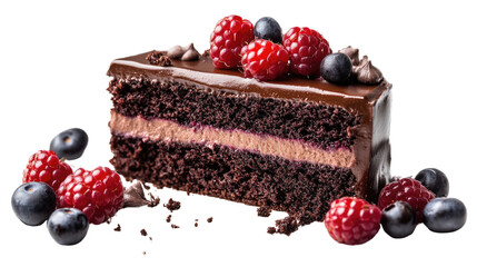 A delicious slice of chocolate cake topped with fresh berries and cream, presented on a white plate