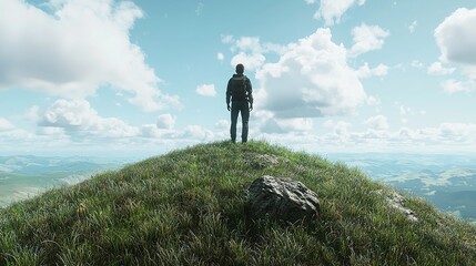 Obraz premium A suited figure stands on a rocky outcrop, overlooking a vast green landscape.