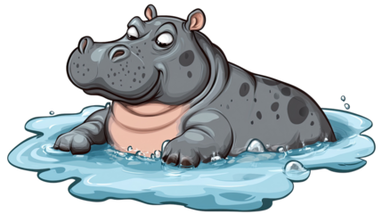 Cute cartoon hippo splashing in water, smiling happily, in a fun and playful style