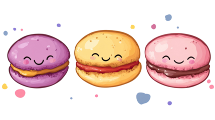 A cheerful cartoon woman with pink lipstick smiles widely, showcasing her teeth while holding a colorful Easter egg and a birthday cake, surrounded by sweet treats