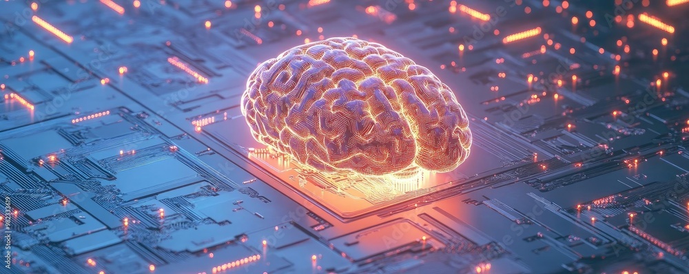Poster Futuristic brain illustration representing artificial intelligence and technology integration on a circuit board.