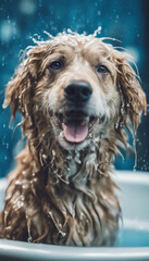 Obraz premium Happy wet dog taking bath blue background copy space vertical