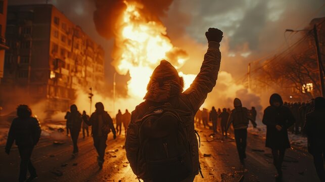 In a city ablaze, silhouetted against the fire, the multitude vent their rage, amplifying an already volatile situation.