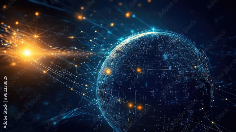 Poster A stunning digital representation of a globe illuminated by bright lines and particles, symbolizing global connectivity and technology.