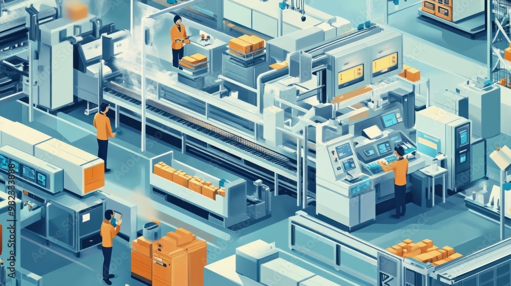 Poster a busy factory floor with machines and employees working together in a synchronized industrial proce