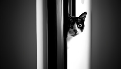 black and white photography of a cat peeking out from behind a door in the style of minimalism, black peeking, black cute peeking